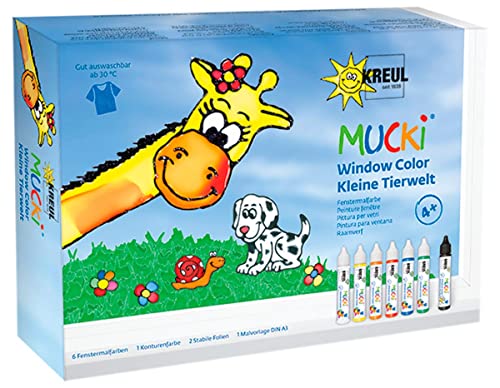 KREUL 24451 - Mucki Window Color Kleine Tierwelt Juego de colores para ventanas con 7 lápices de colores para ventanas de 29 ml, hojas de plástico y plantillas, vegano, sin gluten, sin lactosa