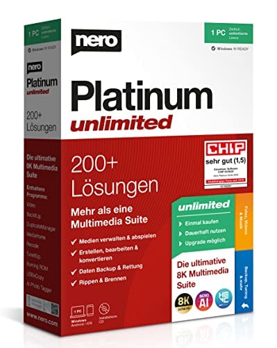 Nero Platinum Unlimited Software De Edición De Vídeo | Copia de seguridad | Gestión y reproducción de medios | 8K | Fotos | Música | Windows 11 / 10 / 8 | 1 PC