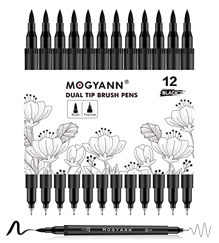 Mogyann Rotuladores Lettering Paquete de 12 Rotuladores Punta Pincel, Marcadores Negros para Dibujo Artístico, Bocetos