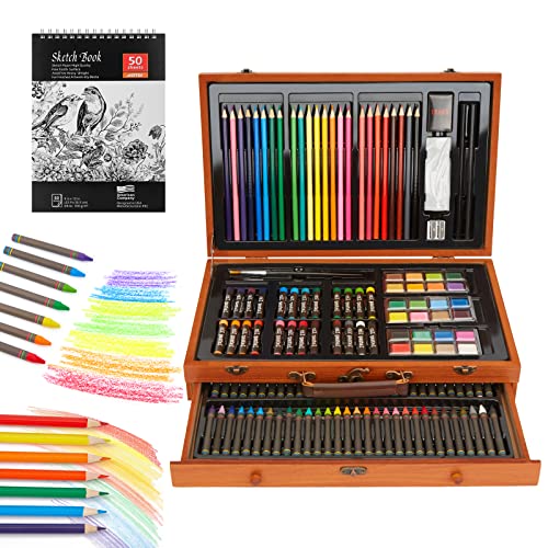 AGPtEK Conjunto de arte de lujo de 141 piezas con estuche de madera, kit de suministros de arte con crayones, lápices de colores, lápices de dibujo, sacapuntas y borrador
