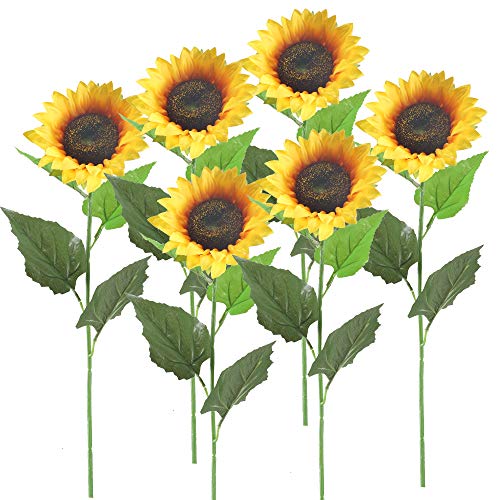 HUAESIN 6pcs Flores Girasoles Artificiales Grandes Decoracion, Girasoles Plastico con Tallo Individual 62cm Plantas Artificiales Amarillas para Exterior Interior Balcon Jardinera Jarrones Boda Hogar