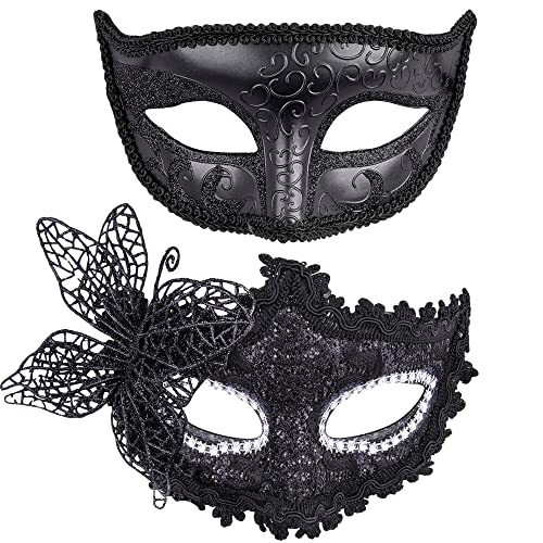 SIQUK 2 Piezas Máscara Veneciana Mujer Hombre Máscaras de Encaje Máscara para Veneciano Mascarada Fiesta de Baile, Negro