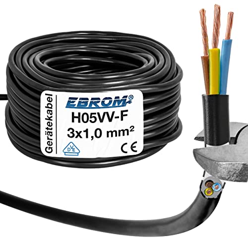 Cable de plástico para manguera, cable redondo H05VV-F 3 x 1,0 mm2 3G1 (mm2) – Color: Negro 5 m/10 m/15 m/20 m/25 m/30 m/35 m/40 m/45 m/50 m/55 m/60 m, etc. hasta 100 m en 5 metros pasos a elegir