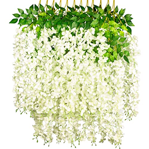 NITAIUN 12 Piezas Artificiales Flores Wisteria, Artificiales de Glicina Falsas Planta de Guirnalda Glicina Artificial para Boda Arco Fiesta Hogar Jardín Hotel Decoración 110CM (Blanco)