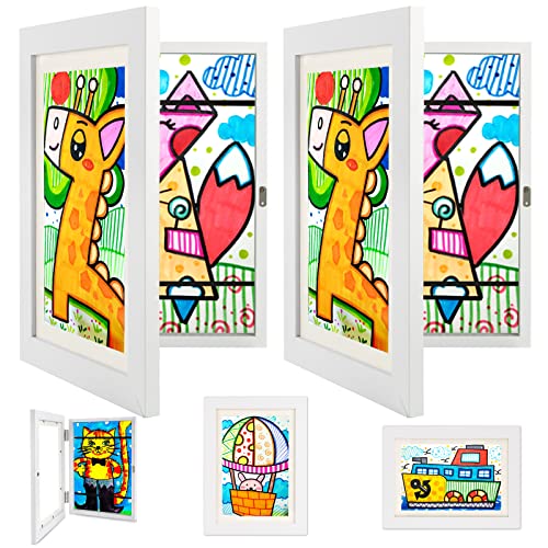 BOFUNX 2 Marcos de Arte para Niños de Apertura Frontal Marco de Madera Exhibición de Obras Dibujos Fotos Infantiles de A4 para Decoración Pared