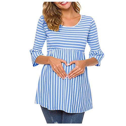 FGUUTYM O-cuello blusa 3/4 rayas suéter mujeres ollas pagoda maternidad mangas embarazadas blusa de maternidad mis devoluciones a, azul, M