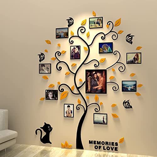 Asvert Pegatina de Pared 3D, Vinilos Hojas Amarillos Árbol 132 * 160 cm con 11 pcs Marcos de Foto Adhesivo Decorativo de Pared para Dormitorio Hogar Oficina