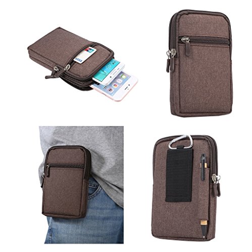 DFV mobile - Universal Multi-Functional Vertical Stripes Pouch Bag Case Zipper Closing Carabiner for Pelephone Gini W5 - Brown (17 x 10.5 cm)
