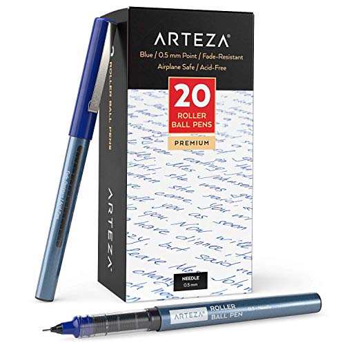 ARTEZA Bolígrafos de punta fina, paquete a granel de 20 bolis azules de tinta líquida con punta de aguja extra fina de 0,5 mm para escribir, tomar notas y dibujar con precisión