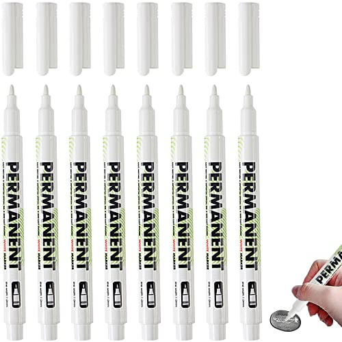 Ruucy 8 Pcs Rotulador Permanente Blanco, 1 mm Indeleble Marcador Blanco para Pinturas Rupestres, Piedra, Cerámica, Vidrio, Madera, Textil, Metal