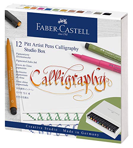 Faber-Castell Pitt Artist - Caja de estudio para caligrafía, azul, dorado, blanco, verde, gris, rosa, negro, 12 unidades (paquete de 1)