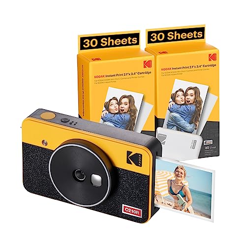 KODAK Mini Shot 2 Retro 4PASS 2-en-1 Cámara Instantánea e Impresora de Fotos (5,3x8,6cm) + Pack con 68 Hojas, Amarillo