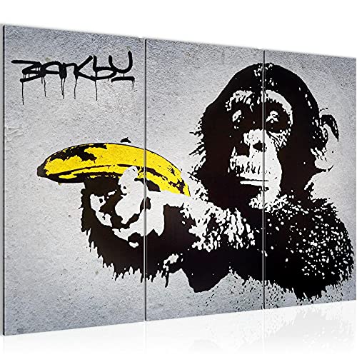 Runa Art Mono Con Pistola Plátano Banksy Cuadro Decorativo para Sala XXL Gris Arte Urbano 120 x 80 cm 3 Piezas Decoración de Pared 302831a