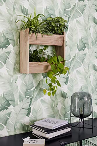 Papel Pintado Pared Blanco Verde Morderno Floral, Hojas, Plantas Domitorio, Salón y Cocina Fabricado en Alemania 10,05 x 0,53m Avalon 31650