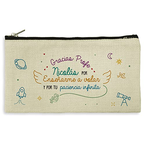 Neceser Mujer Personalizado. Estuche Maquillaje. Neceser Viaje. Estuche lapices. Regalo Profesora Primaria. Tejido Tipo Lino. 11.5 x 22.5 cm. Varios diseños. Neceser Tela. Paciencia Infinita