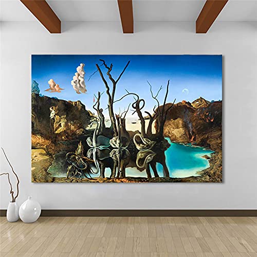 Cuadro abstracto con diseño de elefantes reflectantes de Salvador Dali Swans y marco interior de 50 x 85 cm