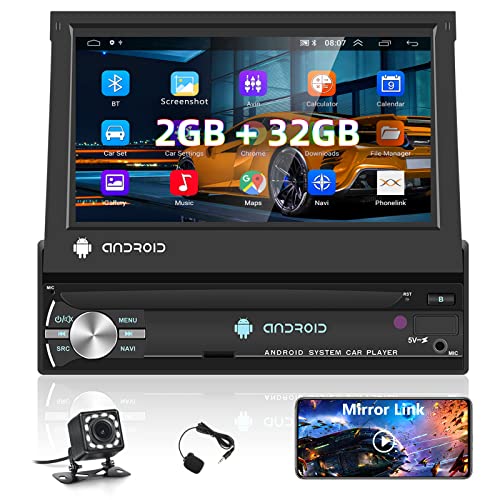 Radio Android 2GB+32GB 1 DIN con Navegación GPS, WiFi, Bluetooth, FM RDS Radio, Pantalla Táctil 7 Pulgadas Radio con Mirror Link, USB/AUX, Controles Volante, Cámara Trasera, Reproductor de Coche