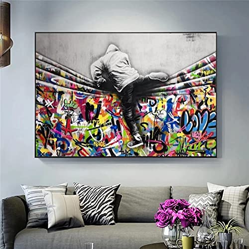 XIANGPEIFBH Banksy Canvas Wall Art Abstract Graffiti Art Banksy Boy Overturn Poster Prints Wall Pictures para el hogar y la cocina Decoración Pintura 80x120cm (31x47in) con marco