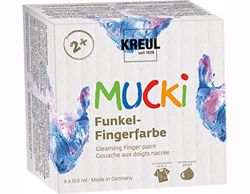 KREUL 2318 - Mucki Juego de 4 pinturas de dedo de 150 ml Pintura vegana, sin parabenos, gluten ni lactosa Lavable y aplicable con el dedo, la esponja y el pincel Colores brillantes