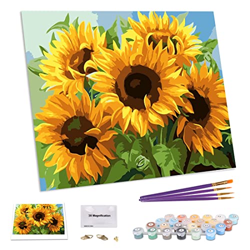 TAHEAT Nuevo Sin Marco Pintura por Números Flor para Adultos Niños Principiante DIY Acrílicos Kits de Pintura al Óleo-Patrón de Girasoles 40 x 50 cm