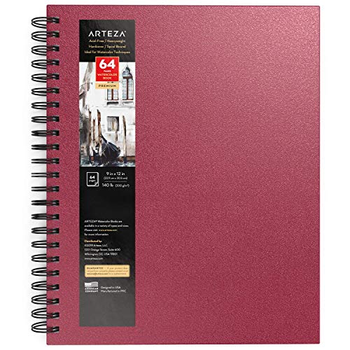 Arteza Cuaderno de acuarela, 9x12” (22,9x30,5 cm), diario de tapa dura color rosa, 64 páginas, papel acuarela 300 gsm, bloc espiral, también para gouache, acrílico, lápiz, medios húmedos y secos