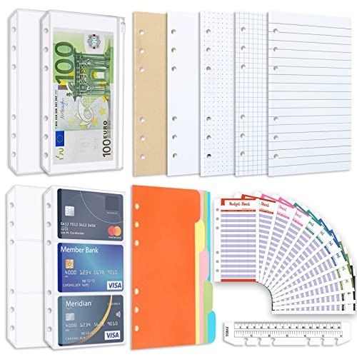 Papel de recambio A6, papel de rotafolio A6 con 6 agujeros y tarjetas de limpieza, bolsillos con cremallera, separadores, reglas, notas adhesivas, etc. Para cuadernos de 6 anillas, bocetos, dibujos