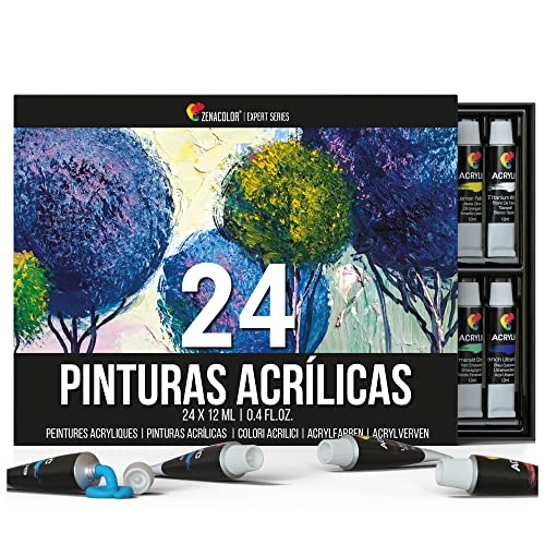 Zenacolor - Kit de 24 Tubos de Pintura Acrílica para Adultos - Set de 24 Pinturas Acrílicas Profesionales de 12 ml - ideal para lienzo, madera o papel