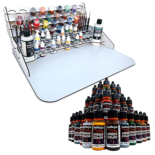 Pinturas Vallejo Nueva Gama Reformulada Xpress Color, set de 24 Pinturas más Paint Station Vallejo con Extension Para Pinturas Citadel, Organizador de pinturas acrilicas, pinceles y herramientas