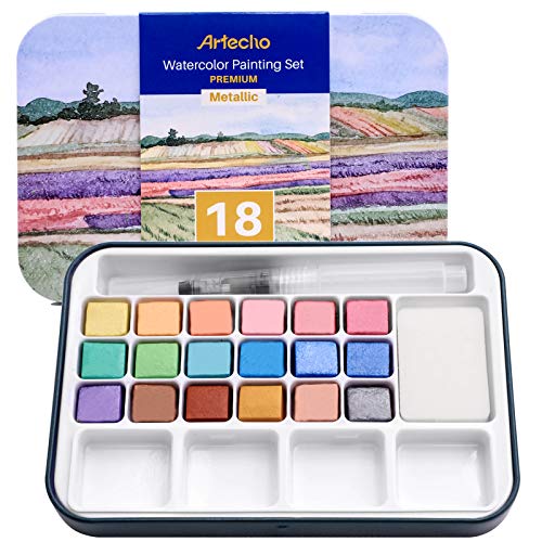 Artecho Metalizadas Acuarelas Profesionales 18 Colores, Incluyendo Pinceles de Agua, Esponja y Diagrama de Color en Blanco, para Principiantes y Profesionales.
