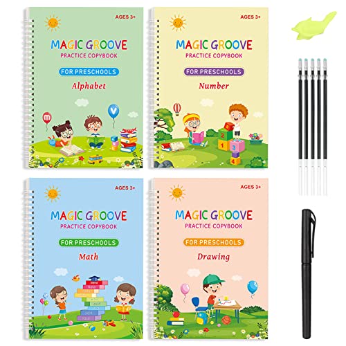 XTDMJ Cuaderno mágico, 4 unidades de cuaderno de ejercicios mágico, reutilizable, 5 recargas y 1 soporte para bolígrafo, para niños, caligrafía, números, dibujo y letras