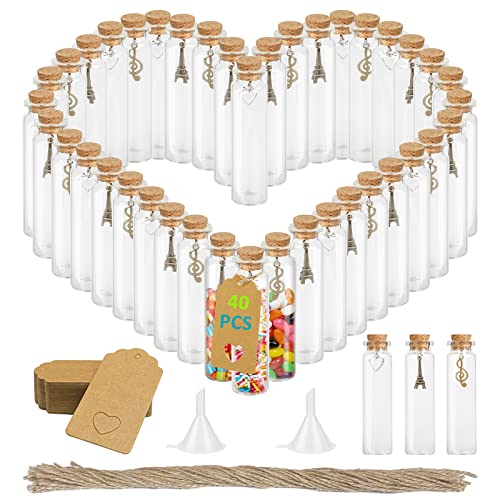 YOCOLE 40 Piezas Mini Botellas de Cristal, 20ml Botes Cristal Pequeños con Tapon Corcho, Botellitas Frascos de Vidrio con Colgante Etiqueta Cordel, Regalitos Bodas Decoración Fiesta