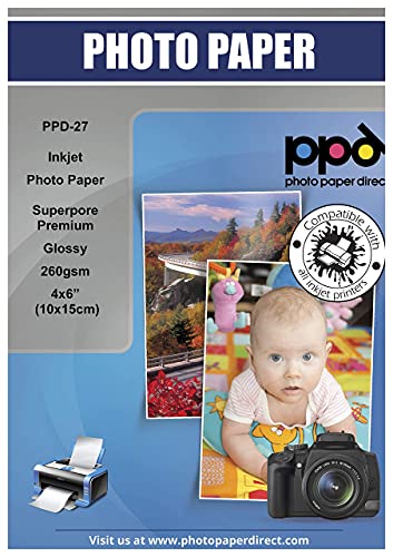PPD Inkjet - 4 x 6” (aprox. 10 x 15 cm) x 50 Hojas de Papel Fotográfico 260 g/m² Brillante - Calidad Profesional - Secado Instantáneo - Para Impresión de Inyección de Tinta - PPD-27-50