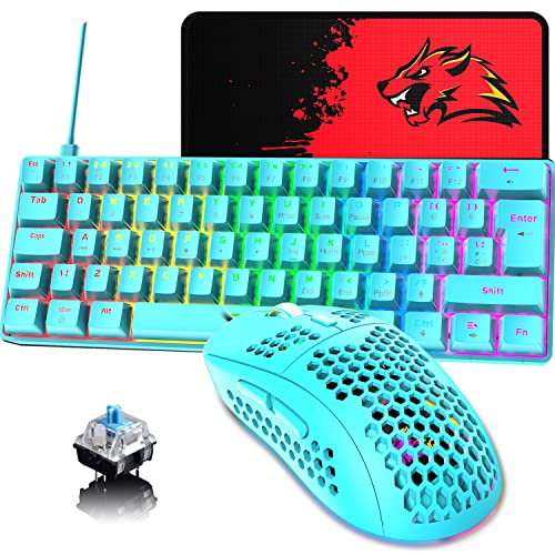 Teclado y ratón para juegos con cable de 60% con diseño del Reino Unido, 62 teclas, mini teclado mecánico compacto, retroiluminadas con arco iris, 6RGB retroiluminado 6400 DPI(interruptor azul/azul)