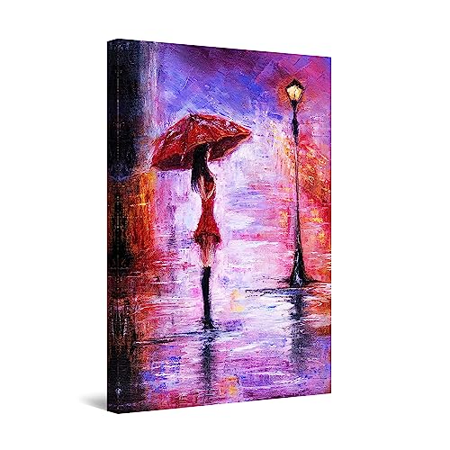 Startonight Cuadro Moderno en Lienzo Pintura Púrpura de Día Lluvioso, Mujer y Paraguas Rojas - Pintura Abstracta Para Salon Decoración Grande 80 x 120 cm
