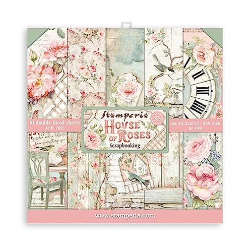 STAMPERIA House of Roses-Bloc de Papel (10 Hojas, 20,3 x 20,3 x 8 Pulgadas, Doble Cara), Multicolor, 20.3 x 20.3 (8