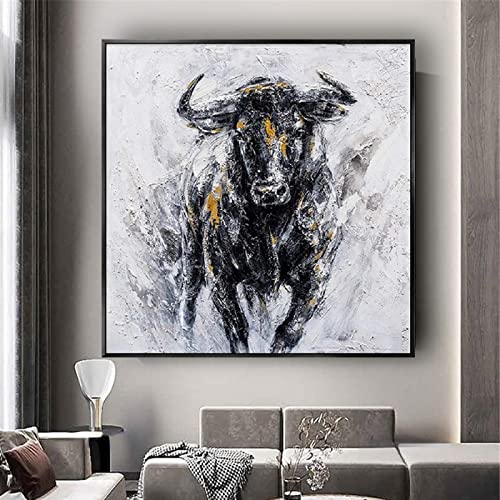 Bull Wall Art Abstract Animal Oil Painting Spanish Posters and Prints Picture on Canvas Paintings Decor Living Room Study 32x32in/82x82cm Black Frame