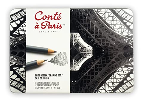 Conté a Paris 750404 - Lápiz de grafito para dibujar y dibujar con alto contraste y superficial, 12 lápices de grafito