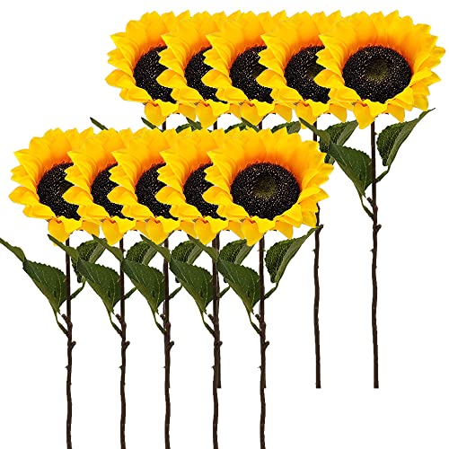 Aisamco 10 Flores Artificiales de Girasoles Artificiales con 1 Flor y 2 Hojas de 45 cm de Largo, Flores Artificiales para el hogar, Bodas, decoración