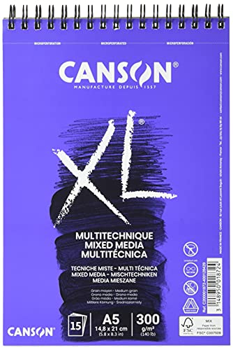 Canson XL Textured, Papel Mixed Media, Grano medio, 300g, Espiralados sobre el lado corto, A5-14,8x21cm, Blanco, 15 Hojas