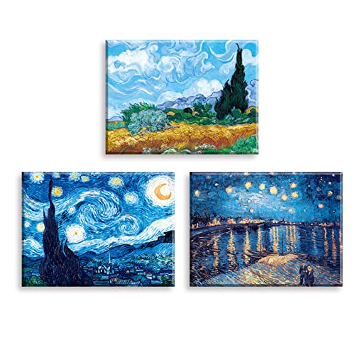 Piy Painting Juego de 3 Cuadro sobre lienzo Noche estrellada Reproducción de la famosa pintura al óleo Campo de trigo con ciprés Paisaje Lienzos Decorativos para hogar Oficina Galería Regalo 40x30cm