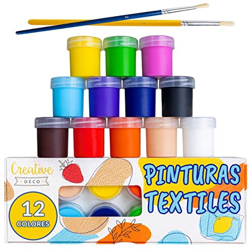 Creative DECO Pintura para Tela Permanente y Lavable | 12 Colores Vibrantes x 25 ml | Algodón, Lino, Denim y Otros Materiales Naturales | 2 Pinceles Incluidos | Pintura Textil Set