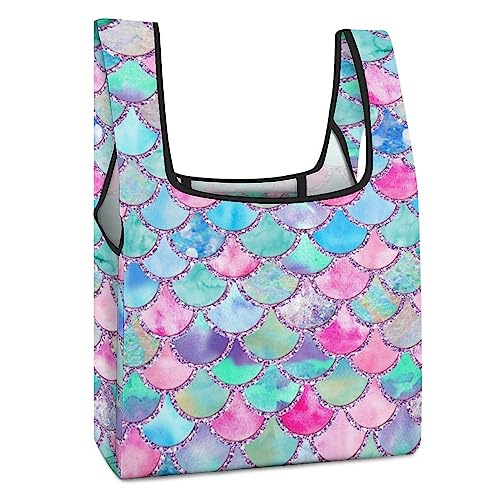 ASDTEHCY Bolsa de compras plegable, escamas de acuarela arcoíris de sirena, bolsa de comestibles reutilizable, bolsa de mano lavable para uso diario, bolsas de viaje, Escalas de acuarela arcoíris de