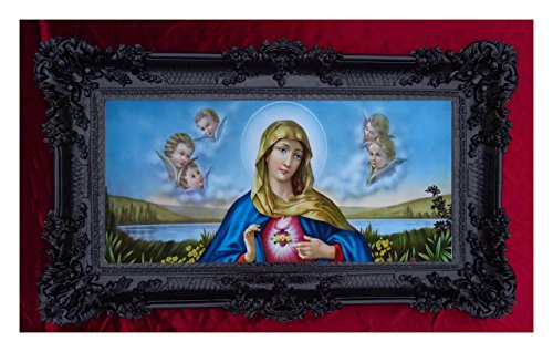 Barroco Gemälde Cuadro con Marco Envejecido. Repro Sagrada Virgen María Magdeburg Lena 96 x 57 cm (Plata Envejecida con Oro)