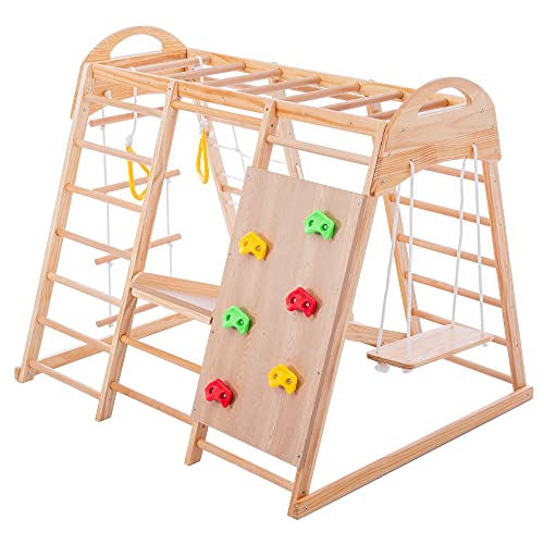 kubeier Parque Infantil Multifuncional 7 en 1, Triángulo de Escalada de Madera para niños, Red de Escalada, Escalera, Anillos, tobogán, Centro Actividad de Interior para Niños 3+ Años