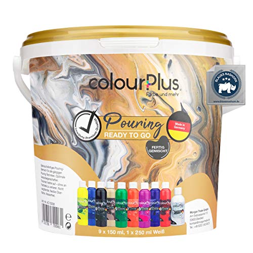 ColourPlus® Set de Pintura acrílica fluida - Pouring - Pintura acrílica para Manualidades de Colores intensos- Kit de Pinturas acrílicas, Bote para Pinturas