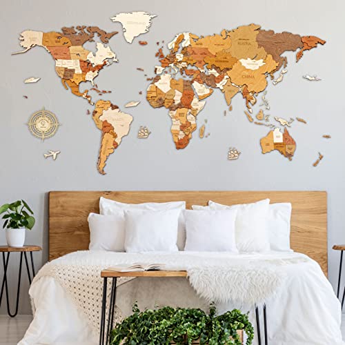 Mapa del mundo de madera para decoración de pared – multicapa de madera teñida multicolor, nombres grabados – efecto único 3D, para sala de estar, oficina, dormitorio L150 Traveler 150x75 cm