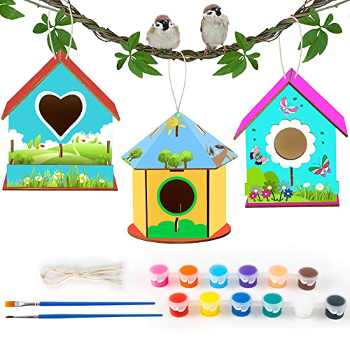Victse Kit de Casa de Pájaros de Bricolaje, 3 Pcs Kit de Casas de Pájaros de Madera DIY Casas de Pájaros Manualidades con Herramientas de Pintar Kit para Niños