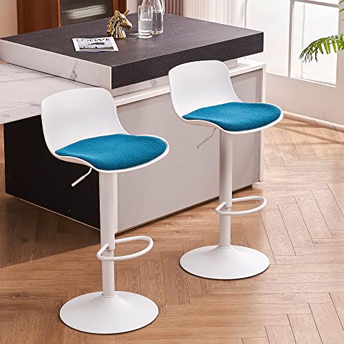 YOUNIKE Taburetes Altos de Cocina Juego de 2, Taburete de Bar Regulable en Altura y Giratoria, Taburete con Asiento de Terciopelo Verde-Azulado, Silla de Bar con Respaldo, Blanco