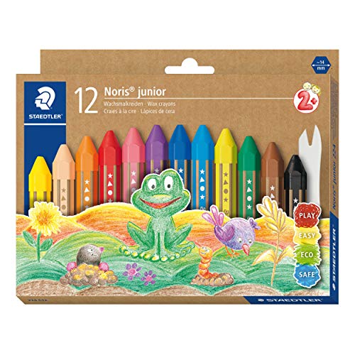 STAEDTLER Noris Junior 224 C12 - Crayones de cera gruesos para niños, 12 colores surtidos en caja de cartón.