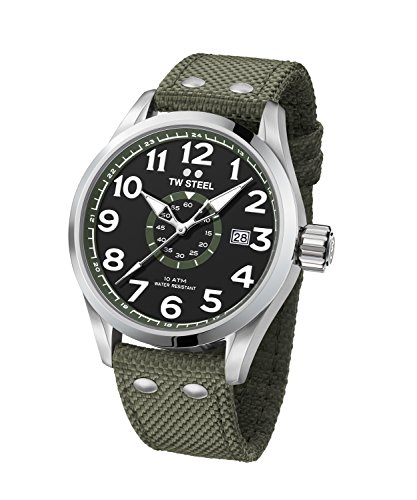 TW Steel VS21 Volante - Reloj Analógico de Pulsera con Movimiento de Cuarzo para Hombre, Caja Acero Inoxidable, Cristal Mineral, Correa Textil, Verde, 45 mm